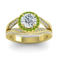 Diamond Engagement Ring In 14k Yellow Gold With Peridot - Pratima Round Halo Ring