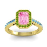 Pink Tourmaline Ring In 14k Yellow Gold With Peridot And Swiss Blue Topaz Shakti Emerald Halo Ring