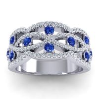 Blue Sapphire Wedding Ring In 18k White Gold With Lab Diamond And Diamond - Jata Antique Band