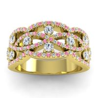 Diamond Wedding Ring In 18k Yellow Gold With Lab Diamond And Pink Tourmaline - Jata Antique Band
