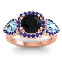 Black Onyx Ring In 14K Rose Gold With Aquamarine And Blue Sapphire Vasudeva Round Three-stone Ring