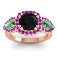 Black Onyx Ring In 18K Rose Gold With Emerald And Amethyst Vasudeva Round Three-stone Ring