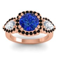 Blue Sapphire Ring In 18K Rose Gold With Diamond And Black Onyx Vasudeva Round Three-stone Ring