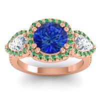 Blue Sapphire Ring In 14K Rose Gold With Diamond And Emerald Vasudeva Round Three-stone Ring