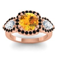 Citrine Ring In 14K Rose Gold With Lab Diamond And Black Onyx Vasudeva Round Three-stone Ring