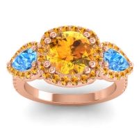 Citrine Ring In 14K Rose Gold With Swiss Blue Topaz Vasudeva Round Three-stone Ring