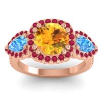 Citrine Ring In 14K Rose Gold With Swiss Blue Topaz And Ruby Vasudeva Round Three-stone Ring