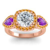 Diamond Ring In 18K Rose Gold With Amethyst And Citrine Vasudeva Round Three-stone Ring
