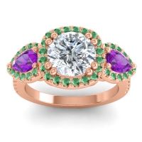 Diamond Ring In 18K Rose Gold With Amethyst And Emerald Vasudeva Round Three-stone Ring