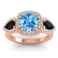 Swiss Blue Topaz Ring In 14K Rose Gold With Black Onyx And Lab Diamond Vasudeva Round Three-stone Ring