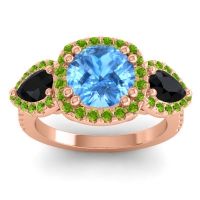Swiss Blue Topaz Ring In 14K Rose Gold With Black Onyx And Peridot Vasudeva Round Three-stone Ring