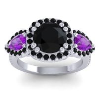 Black Onyx Ring In 14k White Gold With Amethyst Vasudeva Round Three-stone Ring