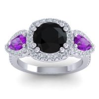 Black Onyx Engagement Ring In 14k White Gold With Amethyst And Diamond - Vasudeva Round Three-stone Ring