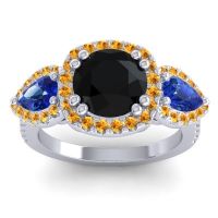 Black Onyx Ring In 14k White Gold With Blue Sapphire And Citrine Vasudeva Round Three-stone Ring