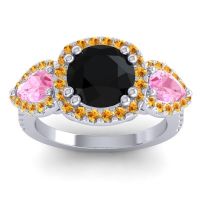 Black Onyx Ring In 14k White Gold With Pink Tourmaline And Citrine Vasudeva Round Three-stone Ring