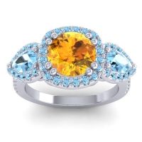 Citrine Ring In 14k White Gold With Aquamarine Vasudeva Round Three-stone Ring