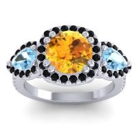 Citrine Ring In 14k White Gold With Aquamarine And Black Onyx Vasudeva Round Three-stone Ring