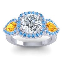 Diamond Ring In Palladium With Citrine And Swiss Blue Topaz Vasudeva Round Three-stone Ring