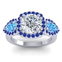 Diamond Ring In Palladium With Swiss Blue Topaz And Blue Sapphire Vasudeva Round Three-stone Ring