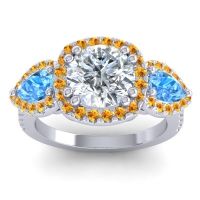 Diamond Ring In 14k White Gold With Swiss Blue Topaz And Citrine Vasudeva Round Three-stone Ring
