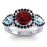 Garnet Ring In 14k White Gold With Aquamarine And Black Onyx Vasudeva Round Three-stone Ring