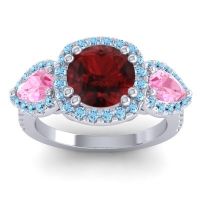 Garnet Ring In 14k White Gold With Pink Tourmaline And Aquamarine Vasudeva Round Three-stone Ring