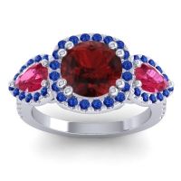 Garnet Ring In 14k White Gold With Ruby And Blue Sapphire Vasudeva Round Three-stone Ring