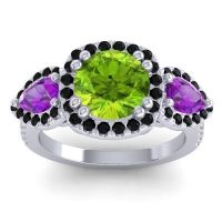 Peridot Ring In 14k White Gold With Amethyst And Black Onyx Vasudeva Round Three-stone Ring