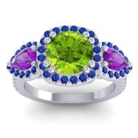 Peridot Ring In 14k White Gold With Amethyst And Blue Sapphire Vasudeva Round Three-stone Ring
