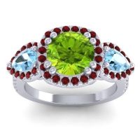 Peridot Ring In 14k White Gold With Aquamarine And Garnet Vasudeva Round Three-stone Ring