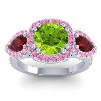 Peridot Ring In 14k White Gold With Garnet And Pink Tourmaline Vasudeva Round Three-stone Ring