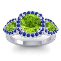 Peridot Ring In 14k White Gold With Blue Sapphire Vasudeva Round Three-stone Ring
