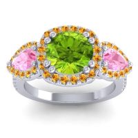 Peridot Ring In 14k White Gold With Pink Tourmaline And Citrine Vasudeva Round Three-stone Ring
