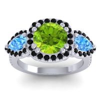 Peridot Ring In 14k White Gold With Swiss Blue Topaz And Black Onyx Vasudeva Round Three-stone Ring