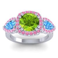 Peridot Ring In 14k White Gold With Swiss Blue Topaz And Pink Tourmaline Vasudeva Round Three-stone Ring