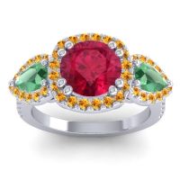 Ruby Ring In Palladium With Emerald And Citrine Vasudeva Round Three-stone Ring