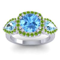 Swiss Blue Topaz Ring In 14k White Gold With Aquamarine And Peridot Vasudeva Round Three-stone Ring