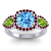 Swiss Blue Topaz Ring In 14k White Gold With Peridot And Garnet Vasudeva Round Three-stone Ring