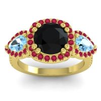 Black Onyx Ring In 14k Yellow Gold With Aquamarine And Ruby Vasudeva Round Three-stone Ring