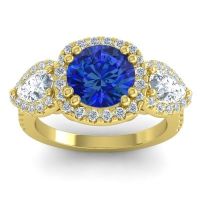 Blue Sapphire Engagement Ring In 14k Yellow Gold With Diamond - Vasudeva Round Three-stone Ring