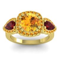 Citrine Ring In 18k Yellow Gold With Garnet Vasudeva Round Three-stone Ring