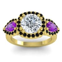 Diamond Ring In 14k Yellow Gold With Amethyst And Black Onyx Vasudeva Round Three-stone Ring