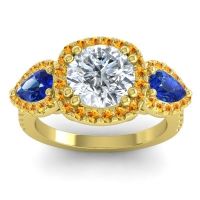 Diamond Ring In 14k Yellow Gold With Blue Sapphire And Citrine Vasudeva Round Three-stone Ring