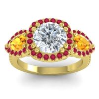 Diamond Ring In 18k Yellow Gold With Citrine And Ruby Vasudeva Round Three-stone Ring