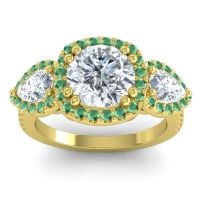 Diamond Ring In 14k Yellow Gold With Lab Diamond And Emerald Vasudeva Round Three-stone Ring