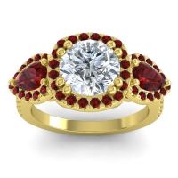 Diamond Ring In 18k Yellow Gold With Garnet Vasudeva Round Three-stone Ring
