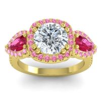 Diamond Ring In 14k Yellow Gold With Ruby And Pink Tourmaline Vasudeva Round Three-stone Ring