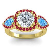 Diamond Ring In 14k Yellow Gold With Swiss Blue Topaz And Ruby Vasudeva Round Three-stone Ring