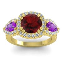 Garnet Ring In 14k Yellow Gold With Amethyst And Lab Diamond Vasudeva Round Three-stone Ring
