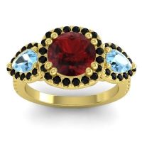 Garnet Ring In 14k Yellow Gold With Aquamarine And Black Onyx Vasudeva Round Three-stone Ring